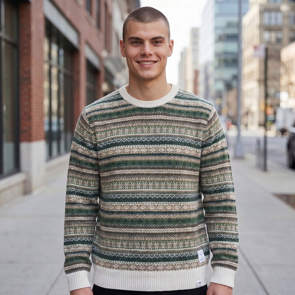 NEW Lucky Brand Mens Fair Isle Crewneck Sweater Green Brown Striped Springs XXL - Picture 1 of 11
